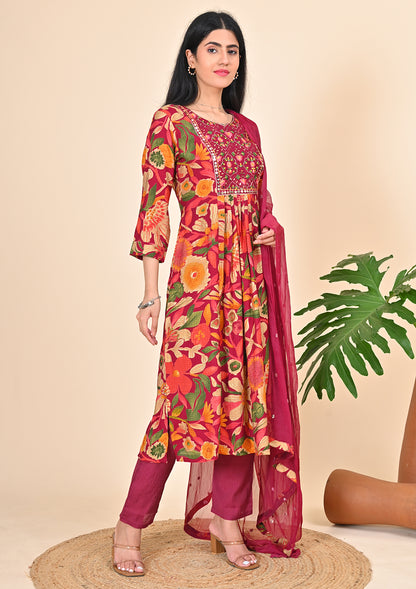 Naira Cut Magenta Floral Printed Suit