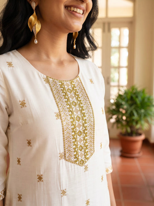 White Embroidered Kurta Set with Olive Green Dupatta