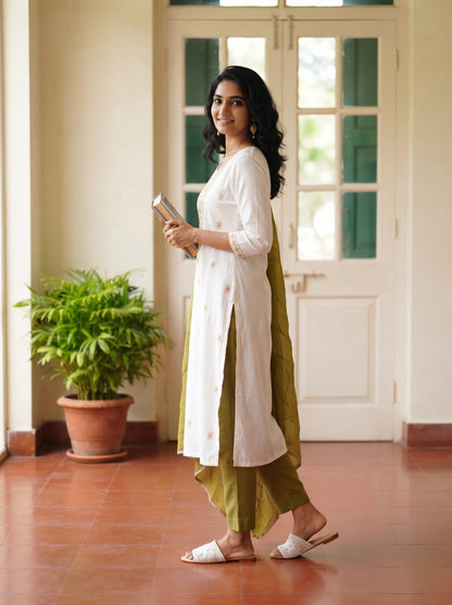 White Embroidered Kurta Set with Olive Green Dupatta