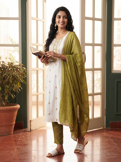 White Embroidered Kurta Set with Olive Green Dupatta