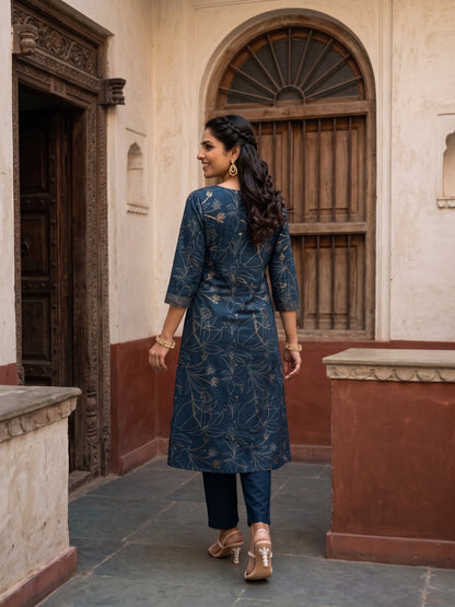 Midnight Blue Floral Print Straight Kurta Set