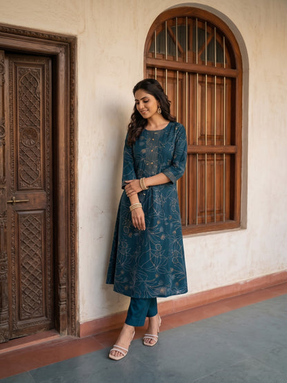 Midnight Blue Floral Print Straight Kurta Set