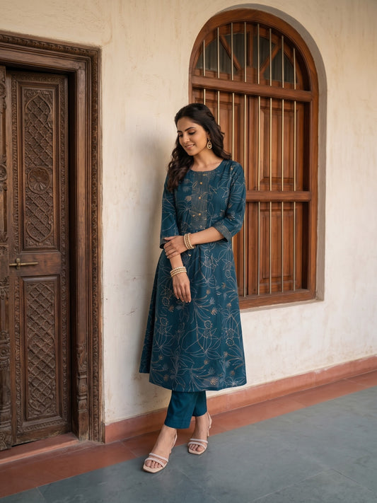 Midnight Blue Floral Print Straight Kurta Set