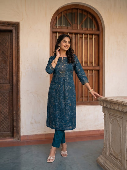 Midnight Blue Floral Print Straight Kurta Set