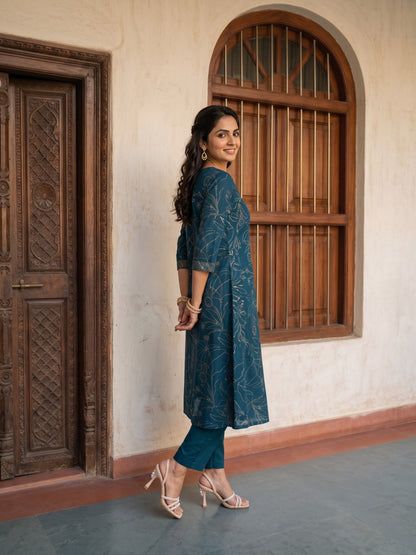 Midnight Blue Floral Print Straight Kurta Set