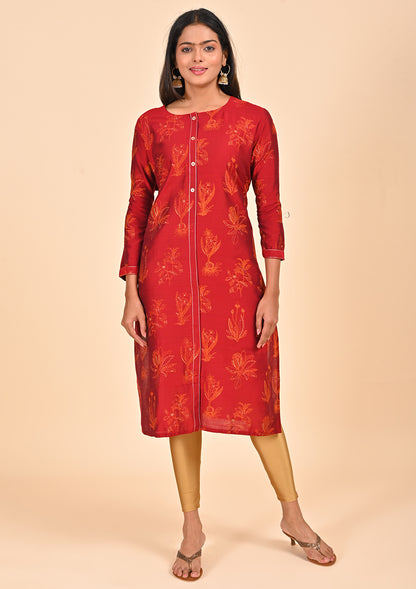 Red Straight Cut Raw Silk Kurti