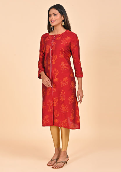 Red Straight Cut Raw Silk Kurti