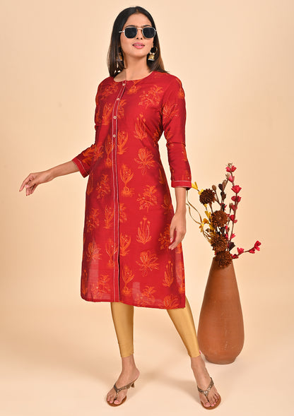 Red Straight Cut Raw Silk Kurti
