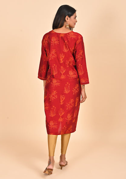 Red Straight Cut Raw Silk Kurti