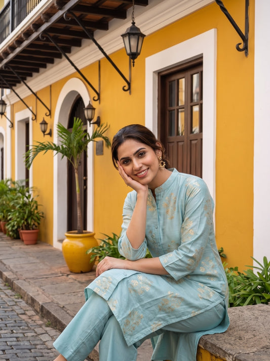 Pastel Blue Floral Gold Foil Printed Kurta Set