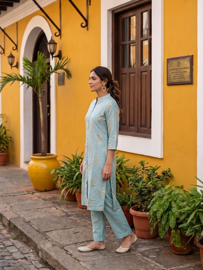Pastel Blue Floral Gold Foil Printed Kurta Set