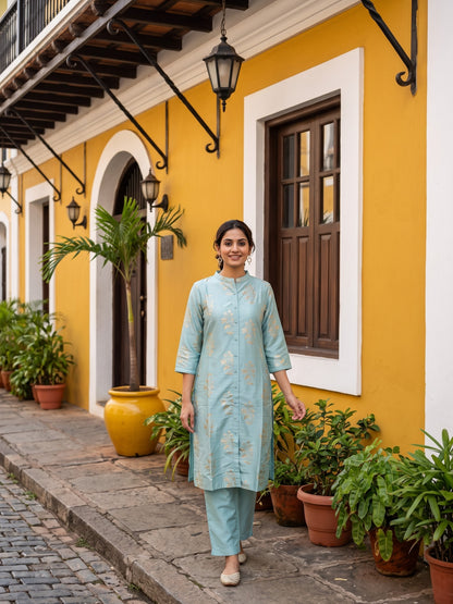 Pastel Blue Floral Gold Foil Printed Kurta Set