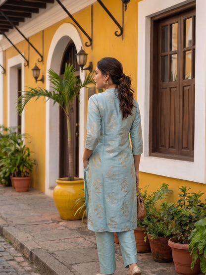 Pastel Blue Floral Gold Foil Printed Kurta Set