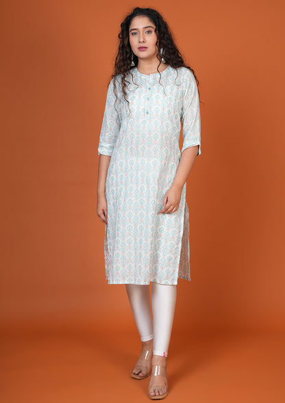 White Printed Straight Cut Cotton Kurti