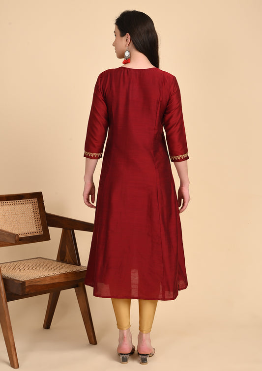 Marron A - Line Kurti With Zari Embroidery