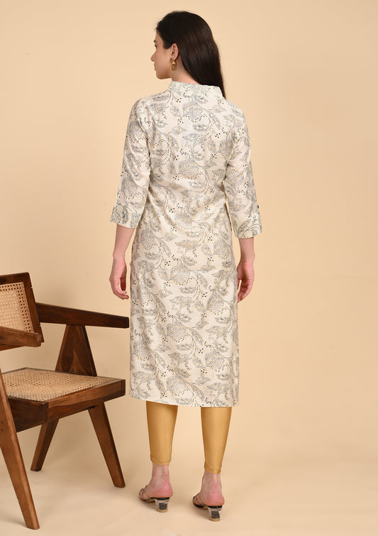 Half White V - Neck Printed Kurti