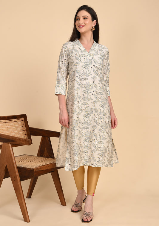 Half White V - Neck Printed Kurti
