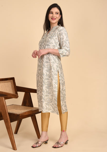 Half White V - Neck Printed Kurti