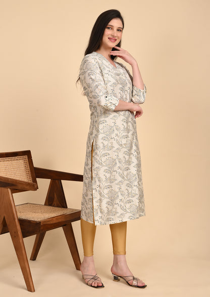Half White V - Neck Printed Kurti