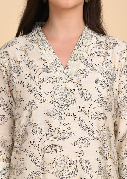 Half White V - Neck Printed Kurti
