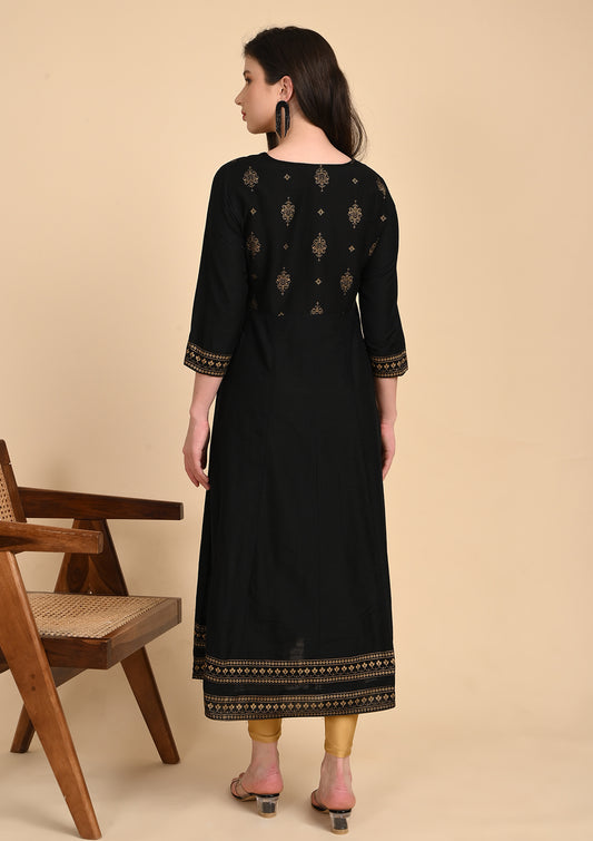 Black Semi Umbrella Foil Printed Kurti