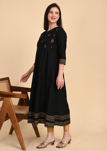 Black Semi Umbrella Foil Printed Kurti