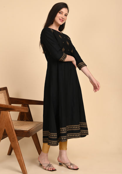 Black Semi Umbrella Foil Printed Kurti