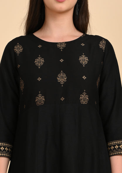 Black Semi Umbrella Foil Printed Kurti