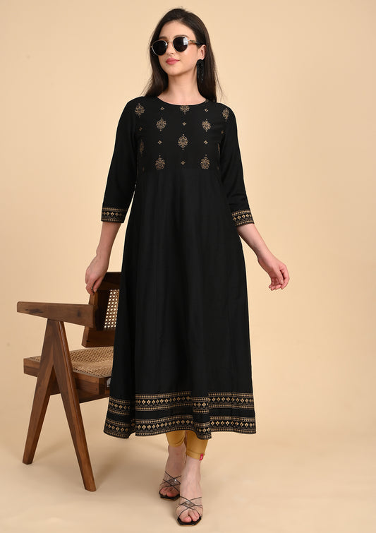 Black Semi Umbrella Foil Printed Kurti