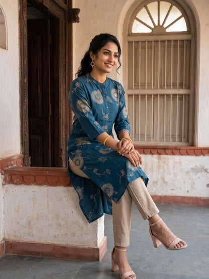 Indigo Blue Floral Printed Straight Kurta with Pants
