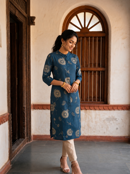 Indigo Blue Floral Printed Straight Kurta with Pants