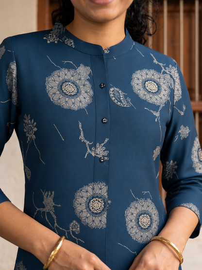 Indigo Blue Floral Printed Straight Kurta with Pants