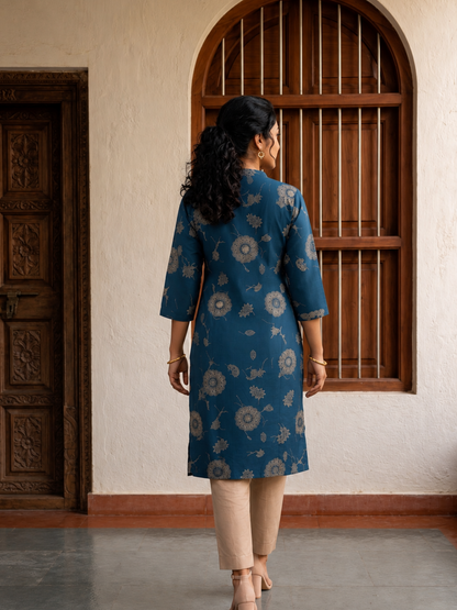 Indigo Blue Floral Printed Straight Kurta with Pants
