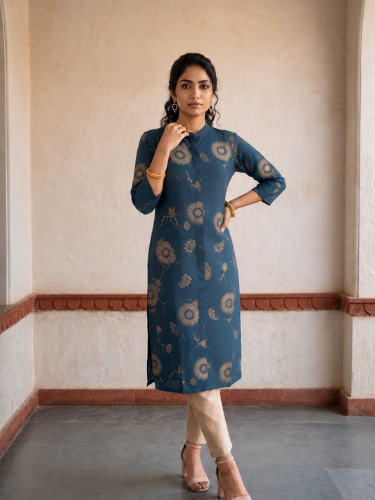 Indigo Blue Floral Printed Straight Kurta with Pants