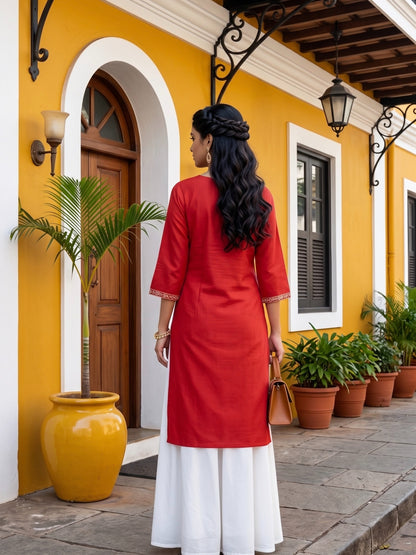 RUST COLOUR KURTA WITH ALL OVER EMBROIDERY