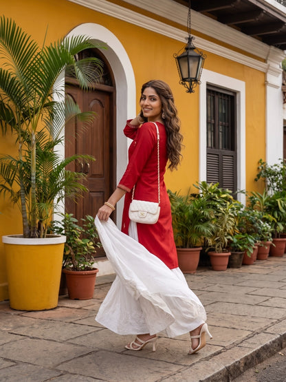 RUST COLOUR KURTA WITH ALL OVER EMBROIDERY