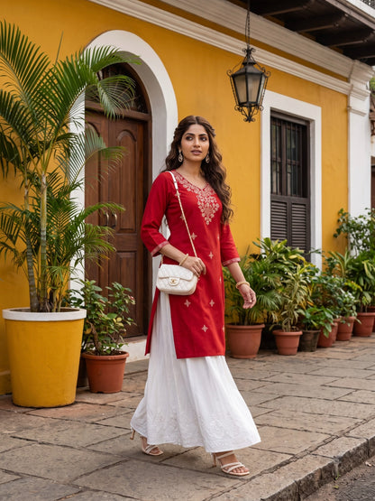 RUST COLOUR KURTA WITH ALL OVER EMBROIDERY