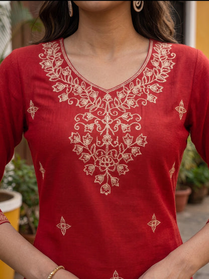 RUST COLOUR KURTA WITH ALL OVER EMBROIDERY
