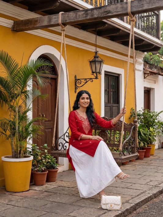RUST COLOUR KURTA WITH ALL OVER EMBROIDERY