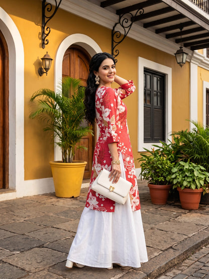 Coral Blossom Kurta With White And Foil Print