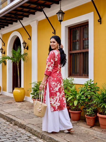 Coral Blossom Kurta With White And Foil Print
