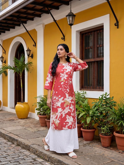 Coral Blossom Kurta With White And Foil Print