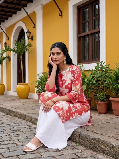 Coral Blossom Kurta With White And Foil Print
