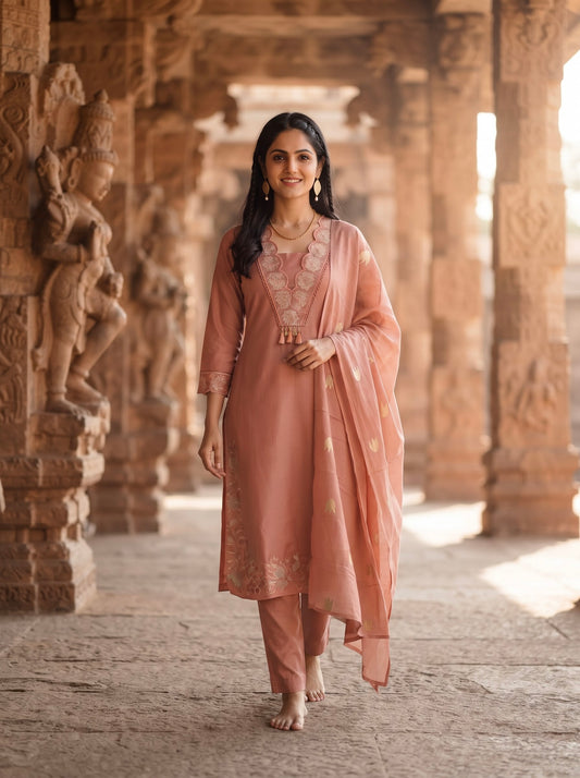 Dusty Rose Pink Embroidered Straight Kurta Set with Matching Dupatta