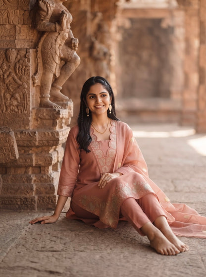 Dusty Rose Pink Embroidered Straight Kurta Set with Matching Dupatta