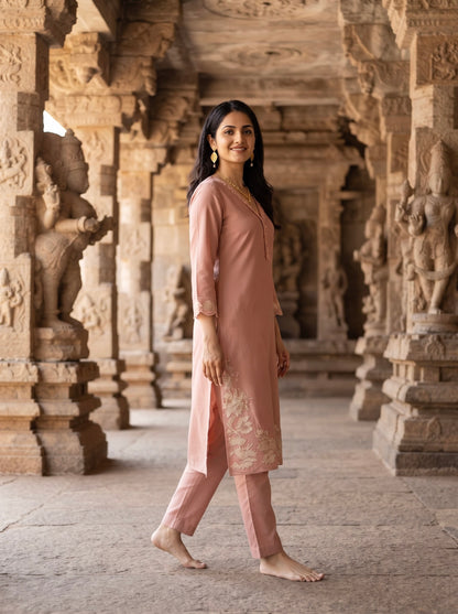 Dusty Rose Pink Embroidered Straight Kurta Set with Matching Dupatta