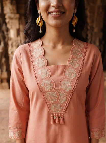 Dusty Rose Pink Embroidered Straight Kurta Set with Matching Dupatta
