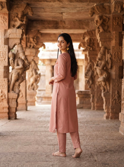 Dusty Rose Pink Embroidered Straight Kurta Set with Matching Dupatta