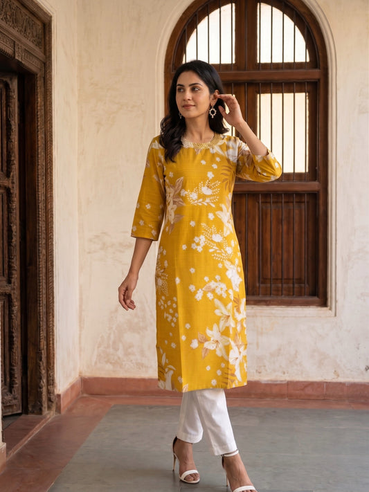 MUSTARD YELLOW KURTA WITH WHITE FLORAL  AND GOLD FOIL PRINT