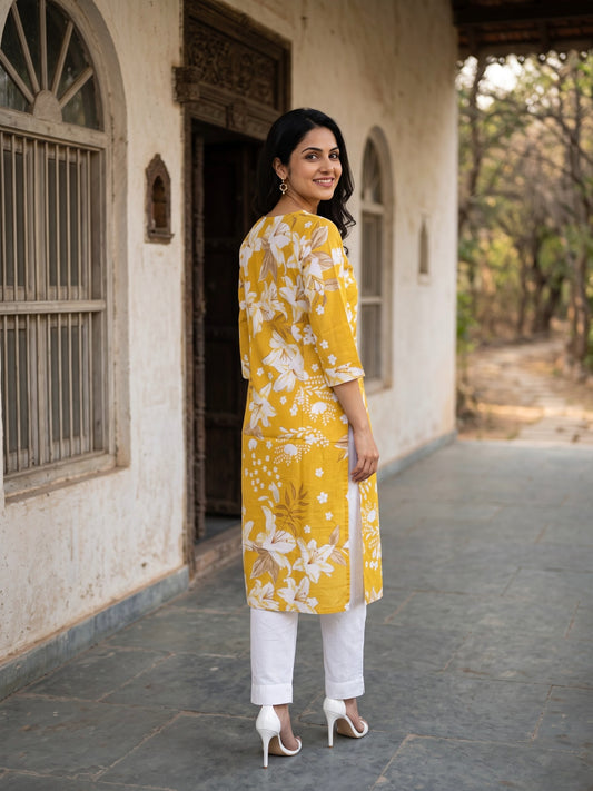 MUSTARD YELLOW KURTA WITH WHITE FLORAL  AND GOLD FOIL PRINT